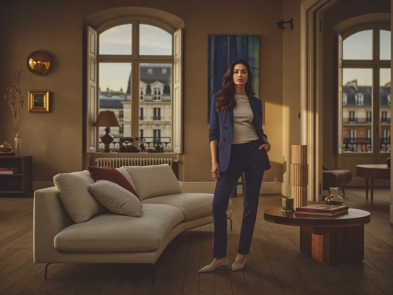Séjour lumineux illustré, canapé en lin, parquet en chêne et fenêtre cintrée