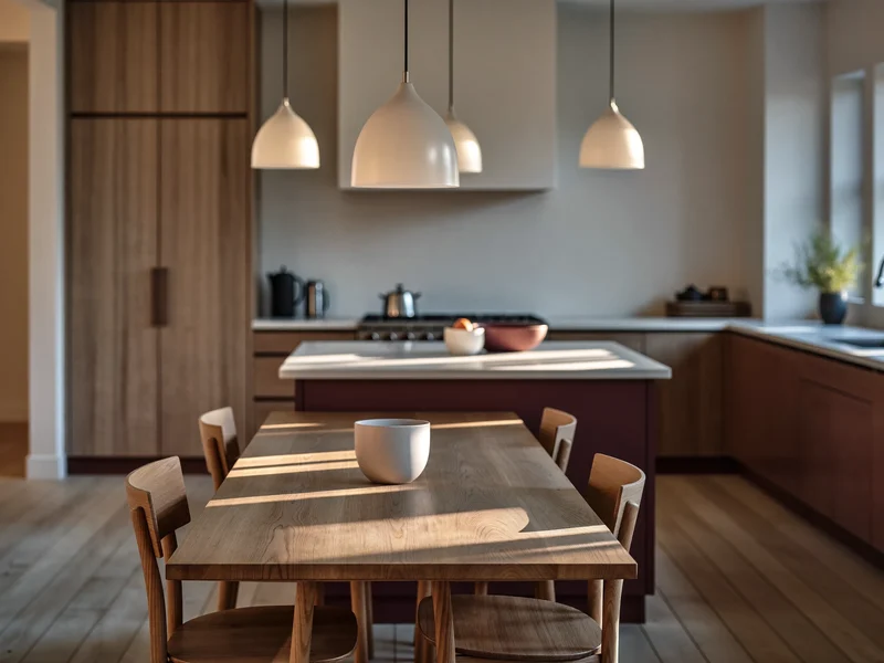 Cuisine contemporaine illustrée avec façades mates, pierre et table en bois