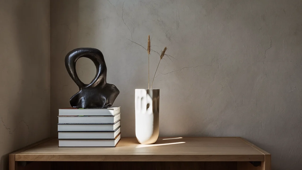 Détail d'étagère stylisée avec vase en céramique, livres et tiges séchées